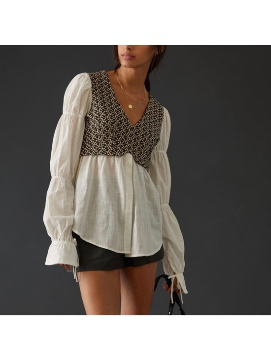 Anthropologie Tops - Anthropologie White Peasant Blouse with Black Patterned Vest